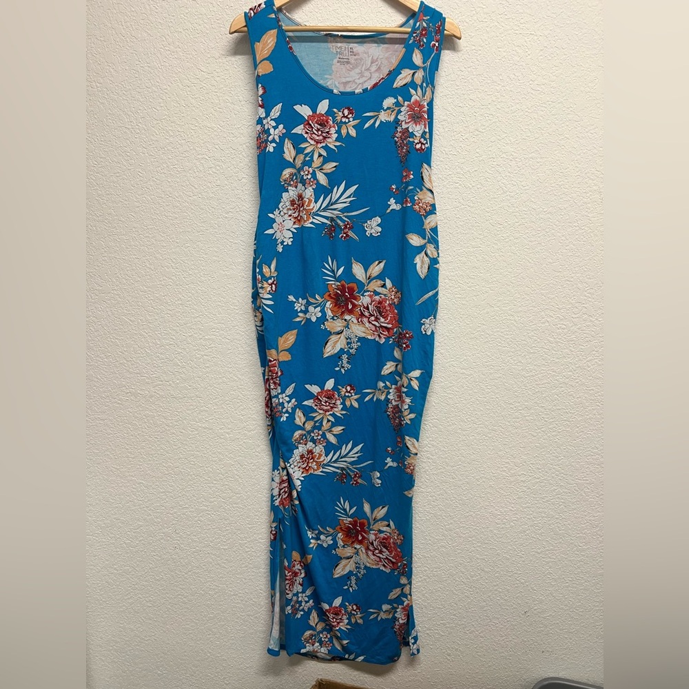 Time and Tru Maternity Fitted Floral Knit Maxi Dress Blue Size XL